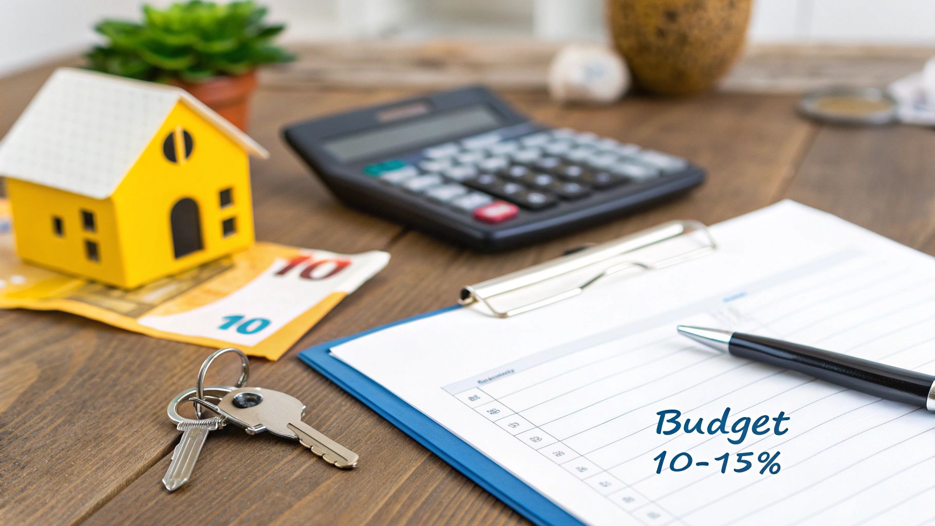 A yellow house model, Euro notes, keys, calculator, and a budget plan for property on a wooden desk.