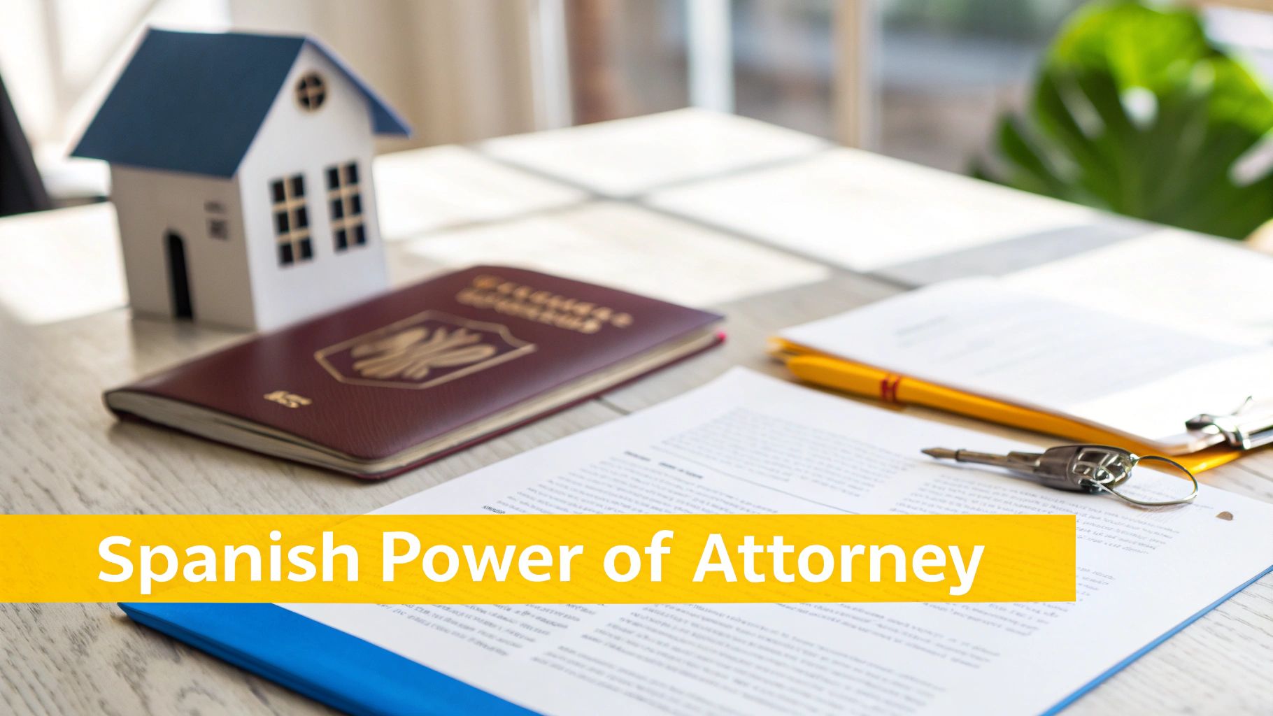 Desk with house model, passport, legal documents, and keys for Spanish Power of Attorney.