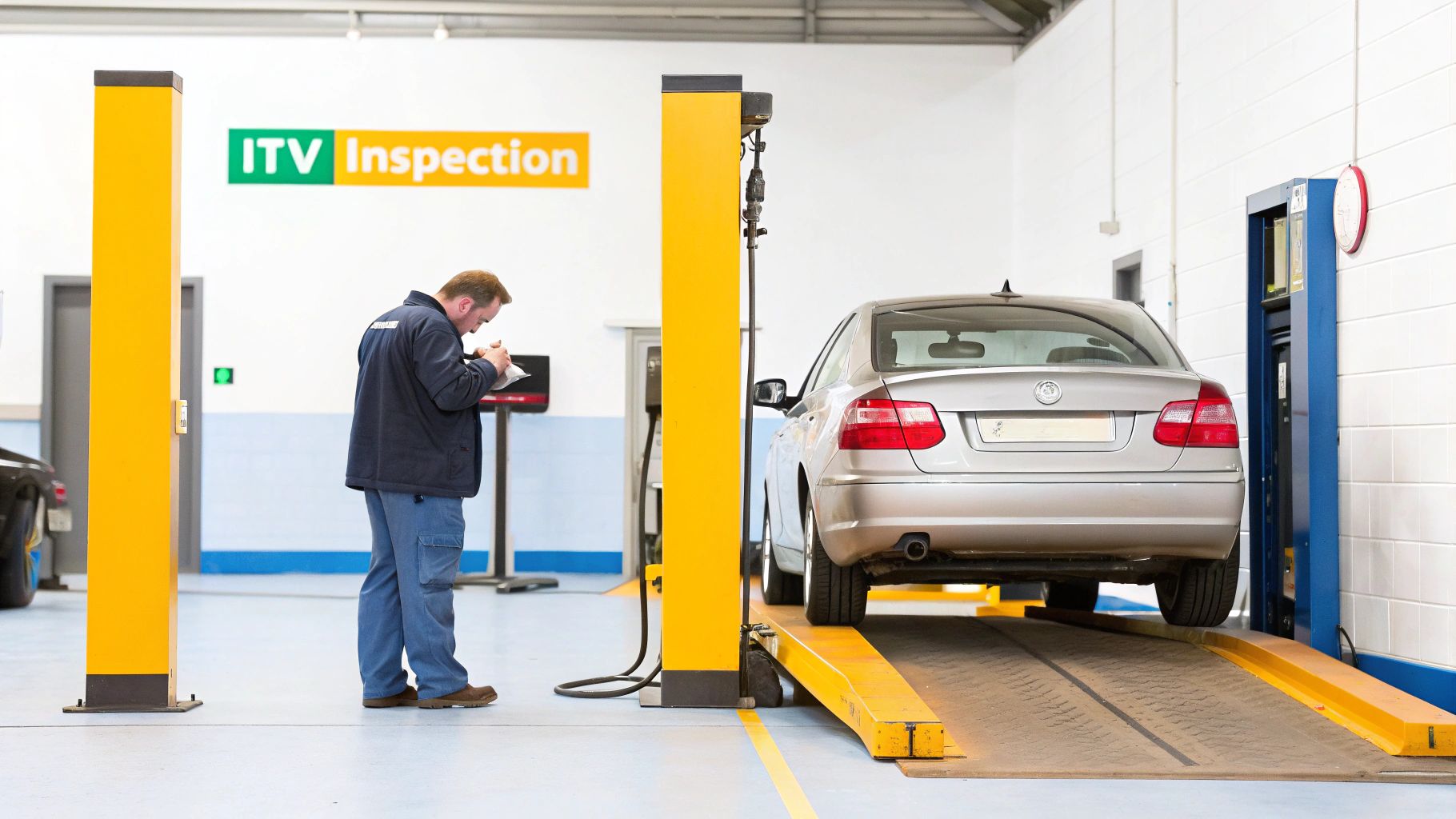Mechanic inspecting a silver car on a ramp at an ITV inspection center.