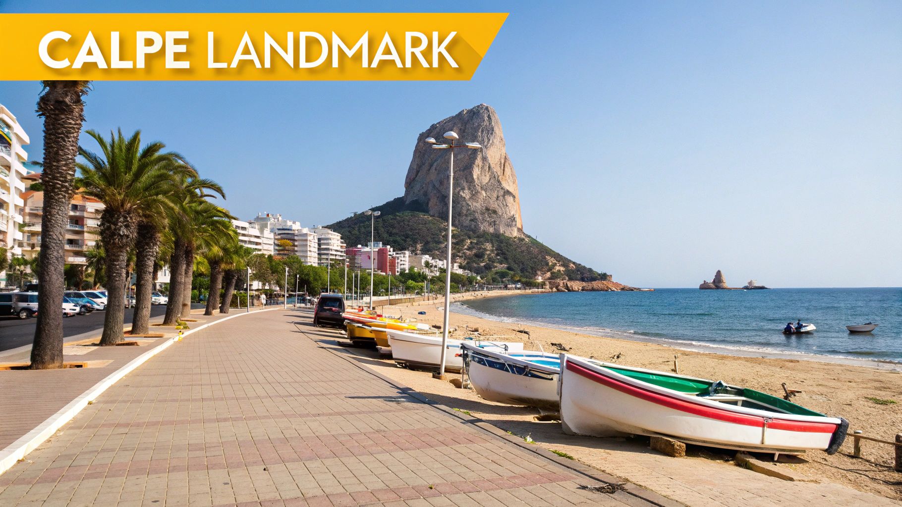 Sunny Calpe beach with the iconic Peñón de Ifach, palm trees, promenade, and fishing boats.