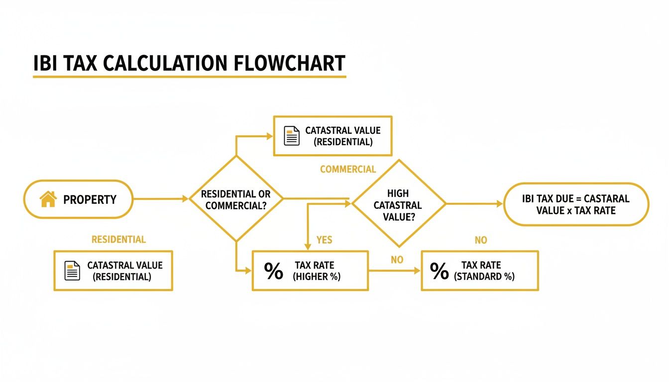 Flowchart detailing IBI tax calculation for residential and commercial properties based on cadastral value.