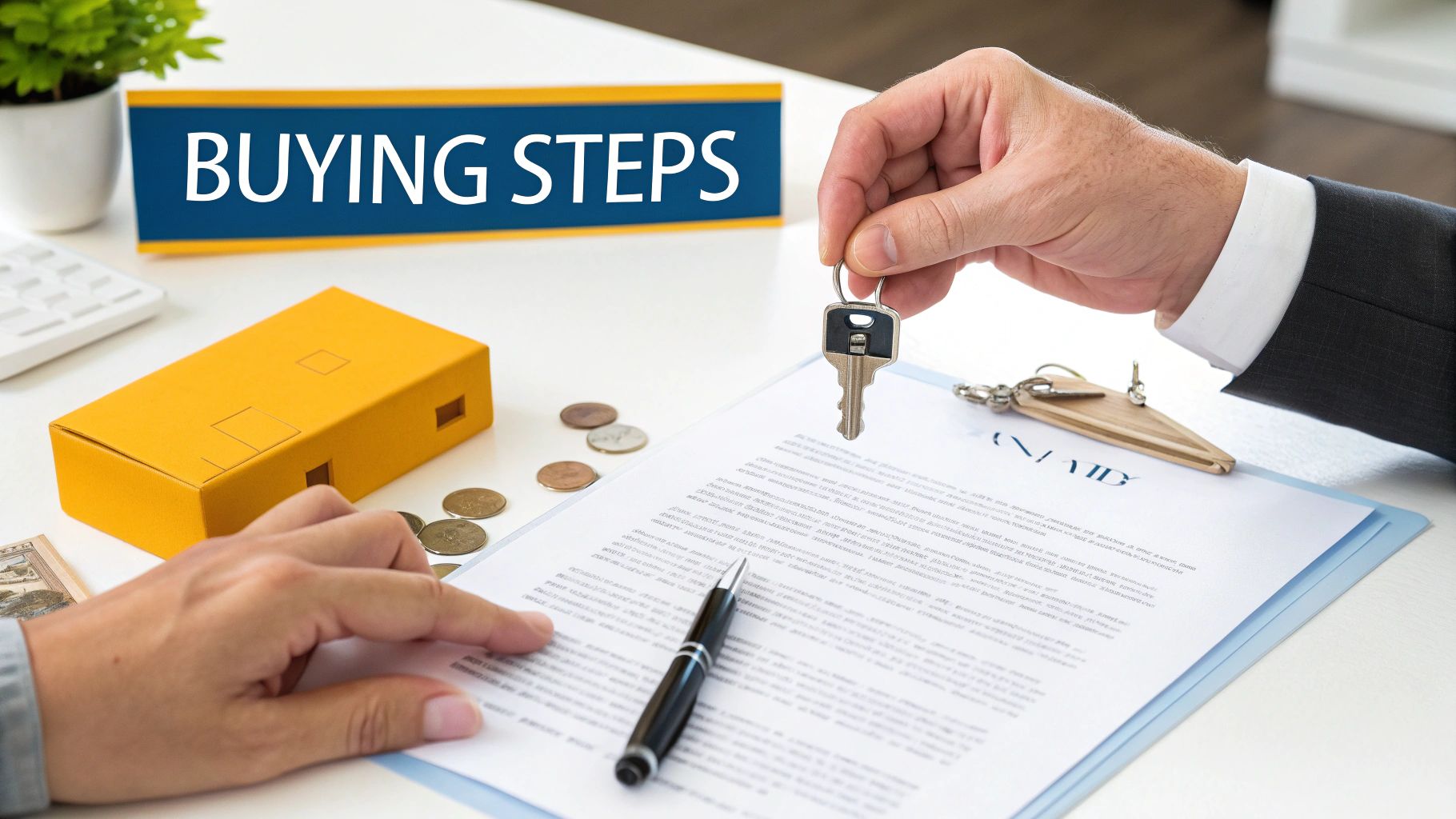 Hands reviewing a real estate contract, holding a house key, with a 'BUYING STEPS' sign.