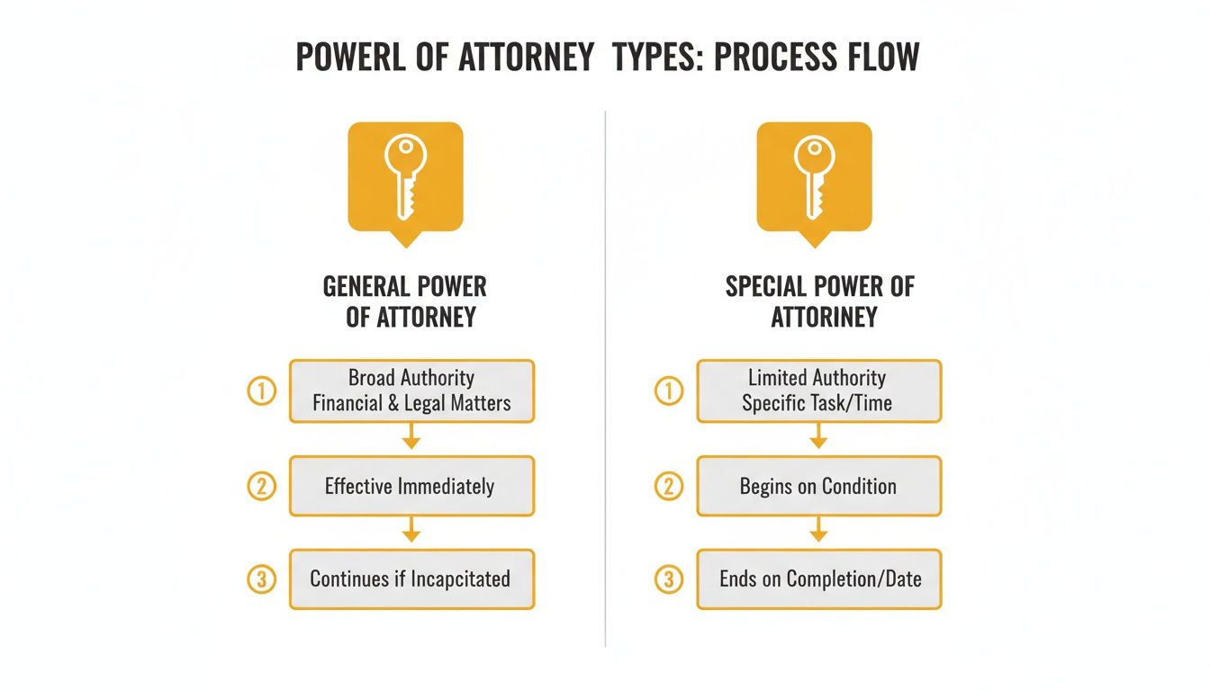 Flowchart comparing General and Special Power of Attorney types, detailing their authority, start, and end conditions.