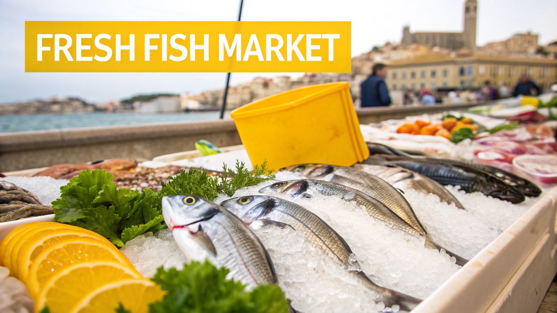 Outdoor fresh fish market stall displaying a variety of seafood on ice with lemon slices.