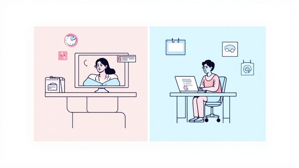A split image showing a person having a comfortable telehealth call on one side, and a person in a clinical office setting on the other, comparing the two assessment environments.