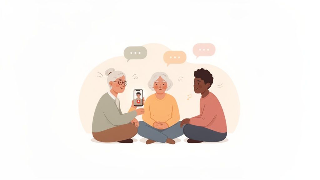 Diverse group video calls a young man on a smartphone, fostering connection and communication.