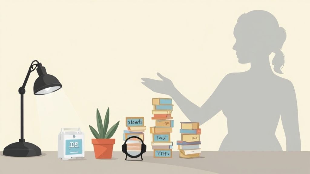 A minimalist desk setup with a lamp, potted plant, books, headphones, and a woman's silhouette.