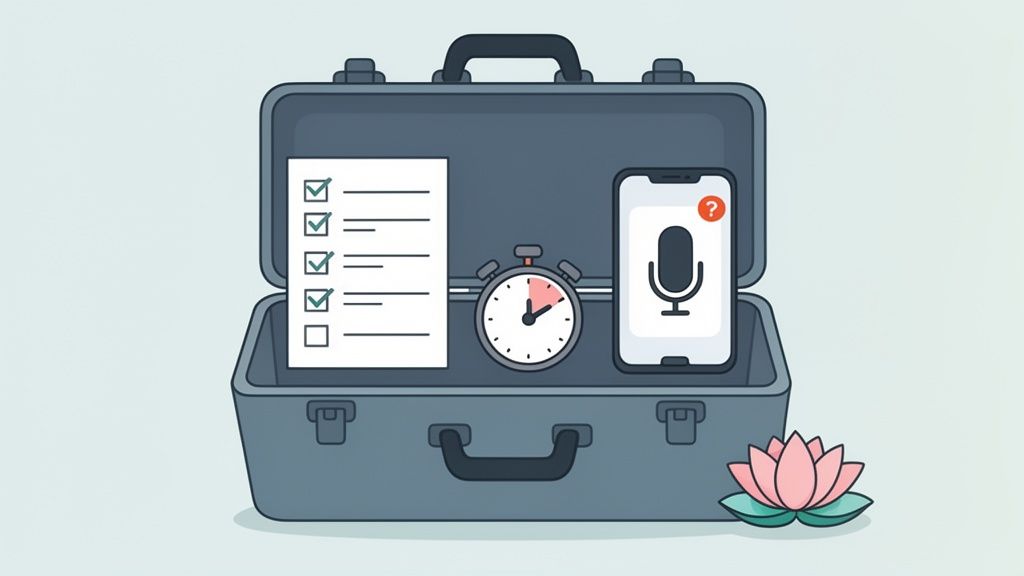 An open briefcase containing a checklist, stopwatch, and a smartphone with a microphone, next to a lotus flower.
