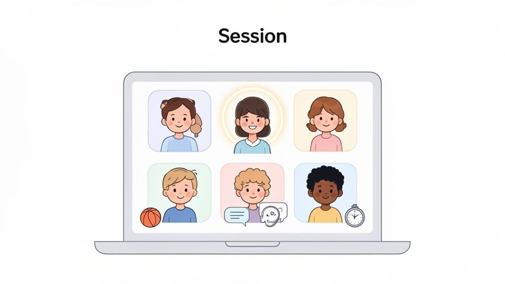 A laptop displays an online video call session with six diverse children's avatars.