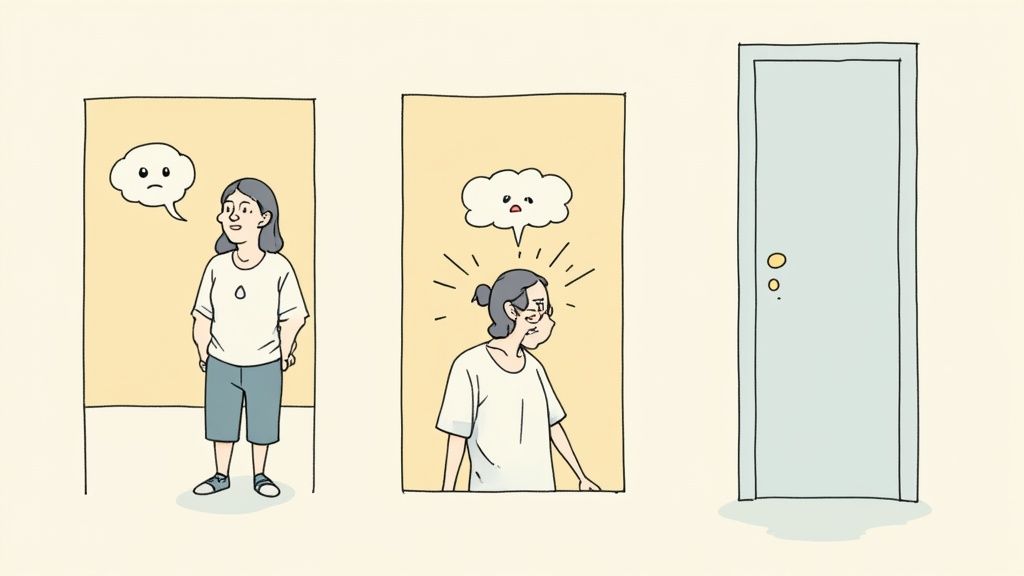 Two cartoon individuals displaying contrasting emotions, sadness and anger, alongside a closed door.