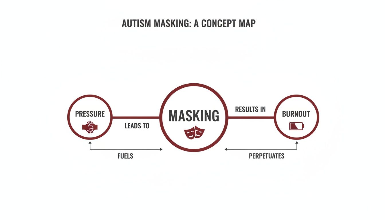 A concept map illustrating autism masking, showing pressure leading to masking, which results in burnout, perpetuating the cycle.