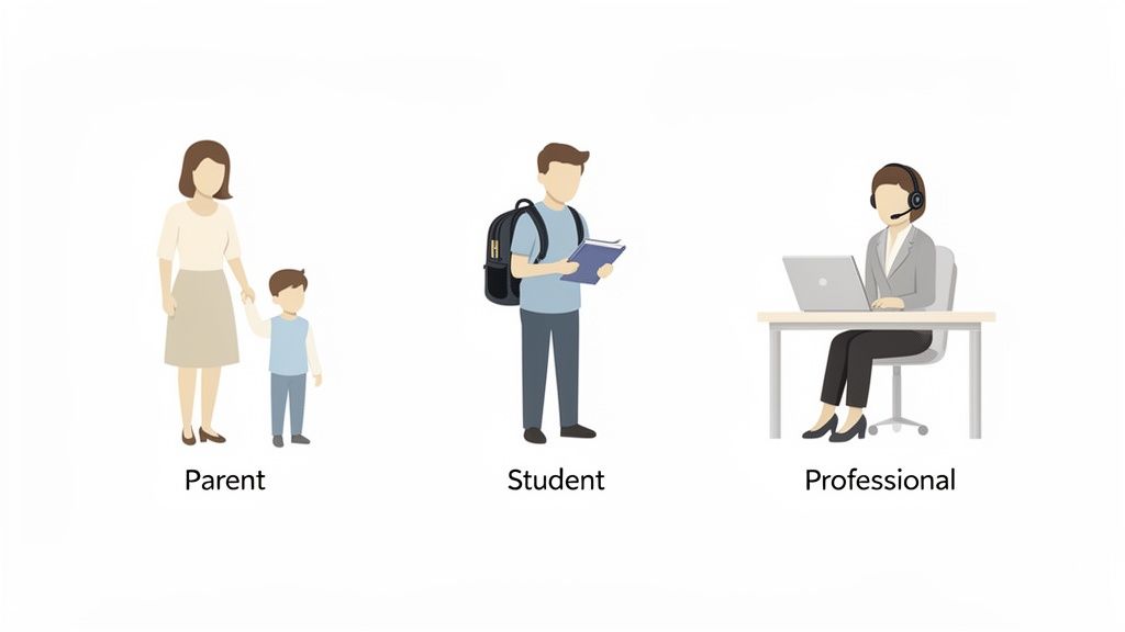 Illustrations of a parent and child, a student with a backpack and book, and a professional working at a desk.