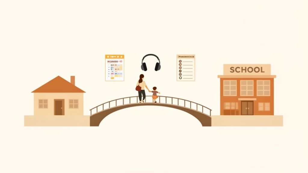 A mother and child walk on a bridge between a house and a school, with educational symbols above.
