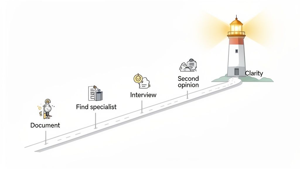 Process flow illustration: Document, Find specialist, Interview, Second opinion, reaching clarity at a lighthouse.