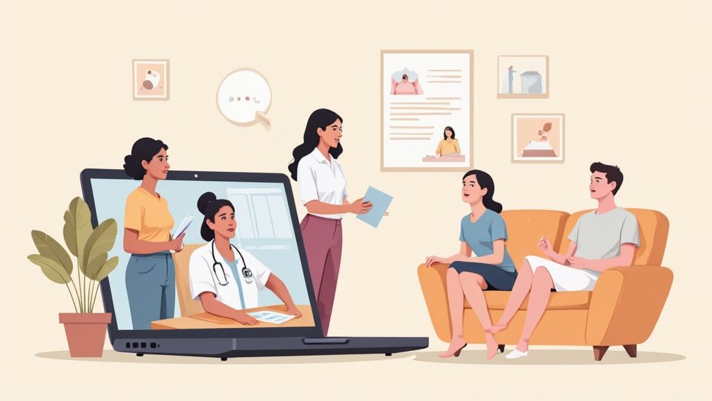 Virtual health consultation with doctors on screen and a couple discussing with a professional.