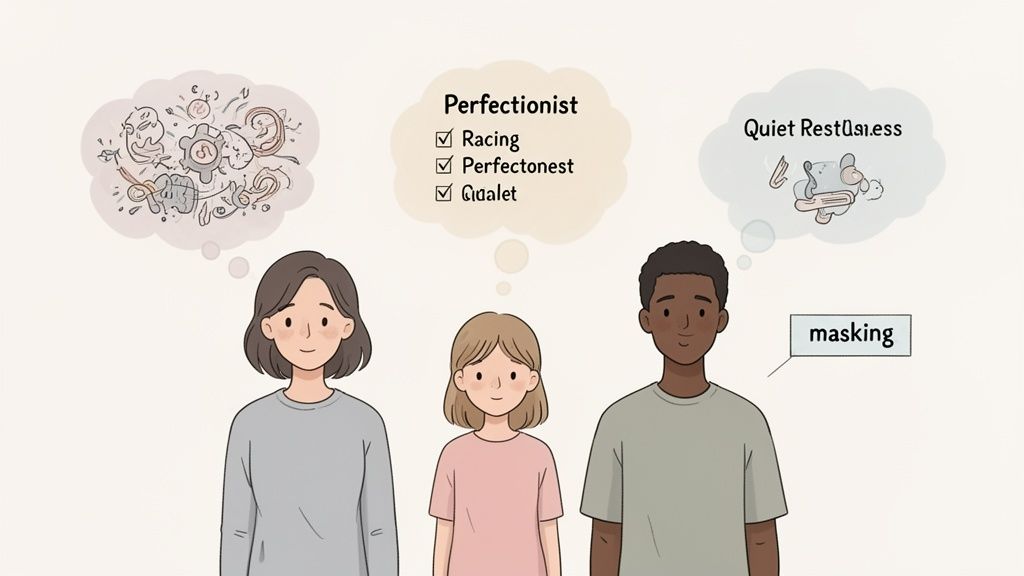 Three people with thought bubbles depicting ADHD symptoms like racing thoughts, perfectionism, quiet restlessness, and masking.