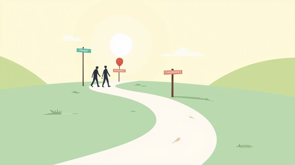 Two silhouettes walk a winding path towards signs and a red balloon under a sunny sky.