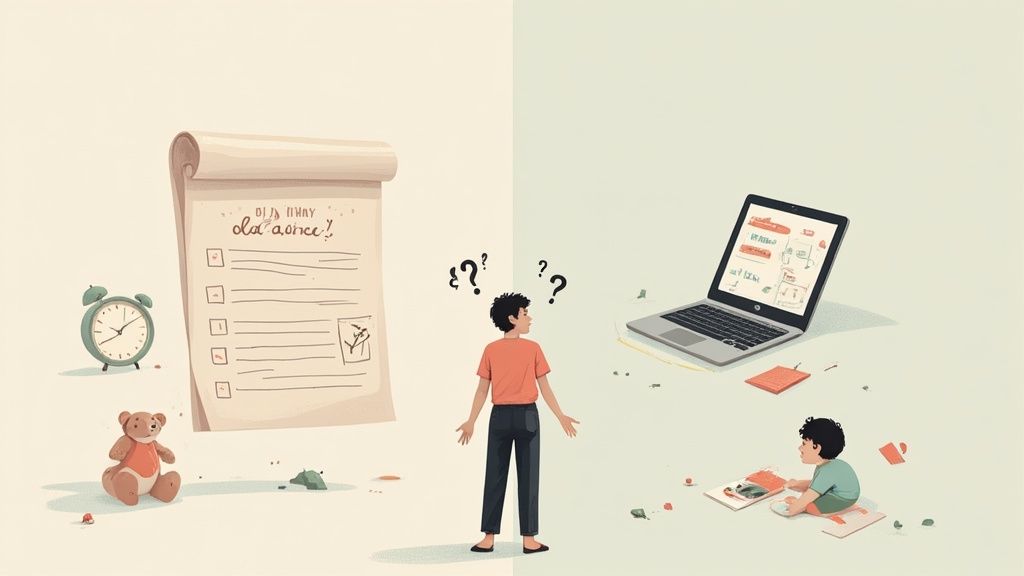 An adult stands confused between a traditional to-do list with an alarm clock and a laptop with a child playing.