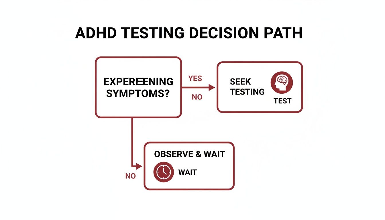 Flowchart illustrating the ADHD testing decision path based on experiencing symptoms.