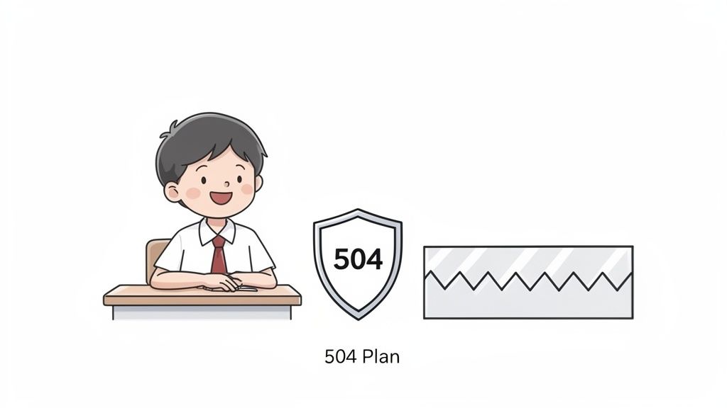 An illustration of a smiling student, a '504' shield, and a jagged bar, representing a 504 Plan.