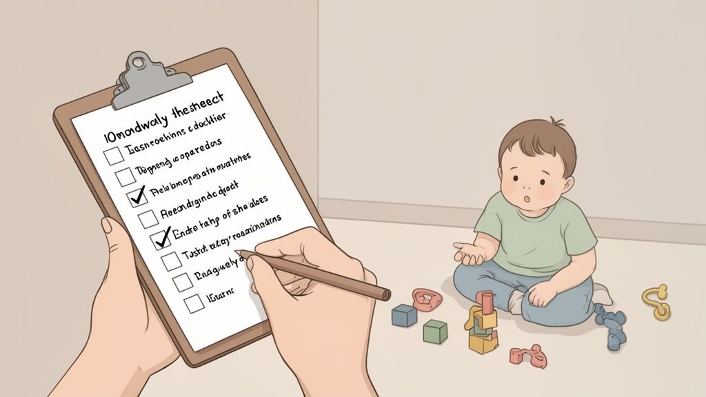 A parent's hand marks a checklist on a clipboard while observing a toddler playing with blocks.