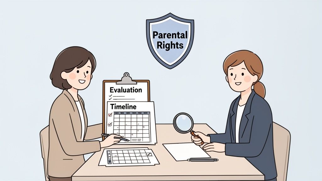 Two women review documents and a timeline at a desk, with a 'Parental Rights' shield overhead.