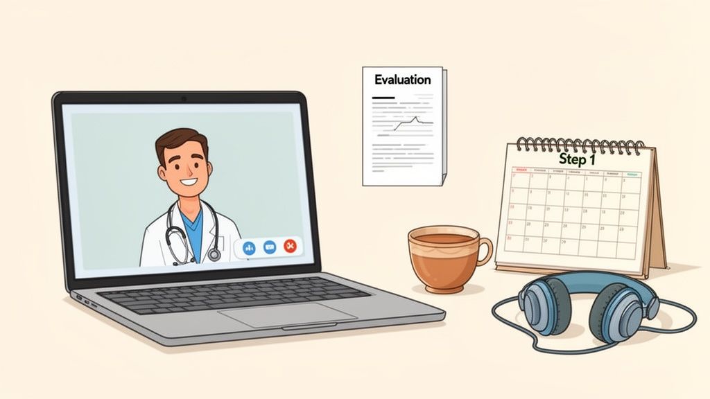 A desk with a laptop showing a doctor on a video call, an evaluation document, a calendar, a coffee cup, and headphones.