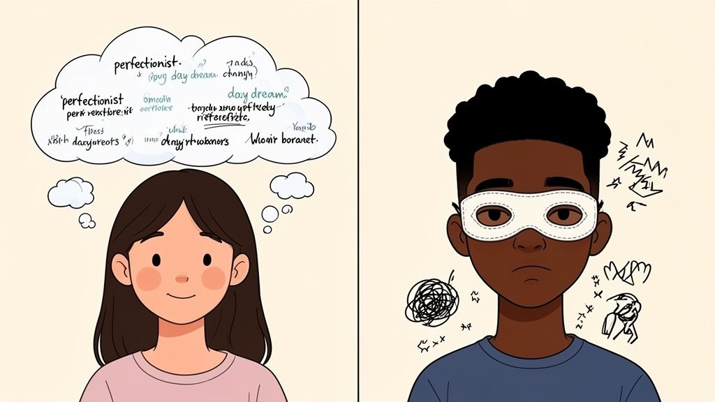 Illustration contrasting a daydreaming girl with a masked, overwhelmed boy exhibiting chaotic thoughts.