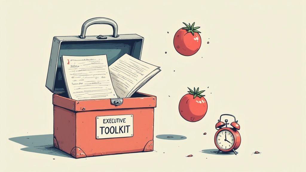 A person's hands organizing items on a desk, including a planner, a cup of coffee, and a visual timer.