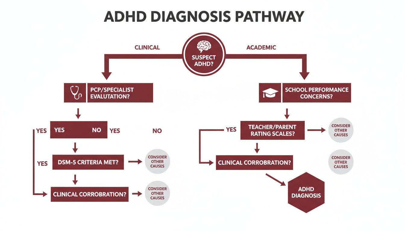 Flowchart illustrating the ADHD diagnosis pathway, covering clinical and academic evaluation steps.