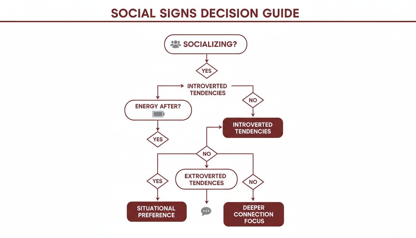 A flowchart titled 'Social Signs Decision Guide' differentiating between introverted and extroverted tendencies.