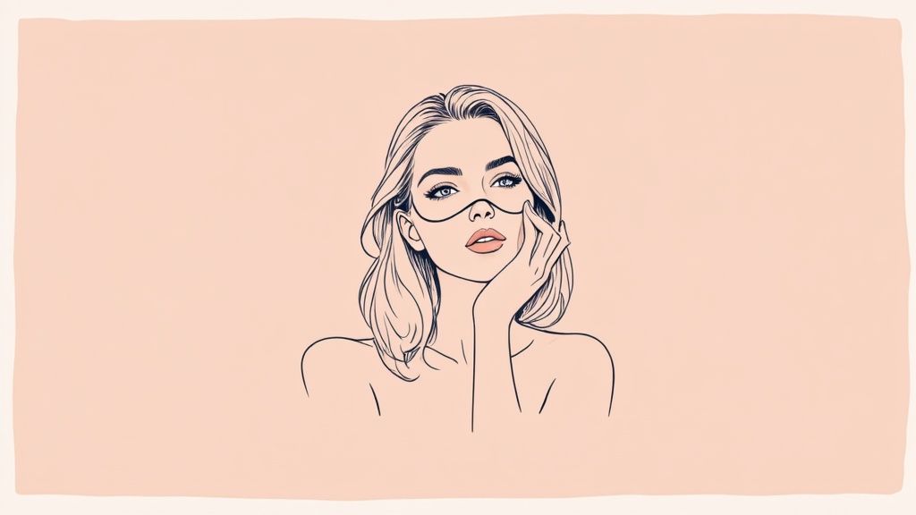 A woman shields her eyes from bright lights