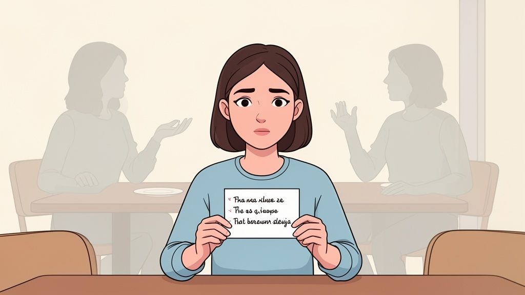 A young woman holds a handwritten note with a sad expression, while two blurred women gesture in the background.