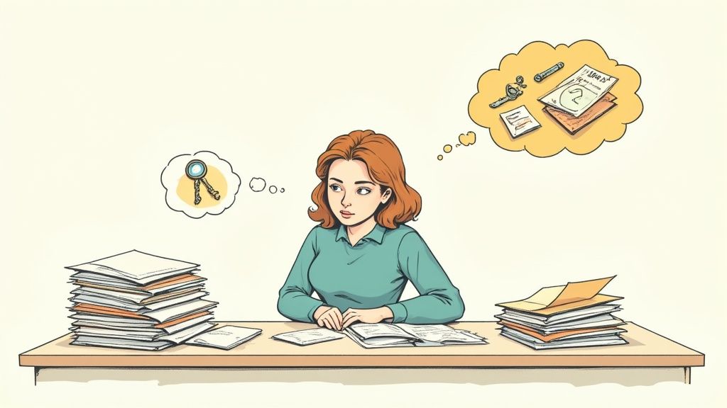 Illustration of a woman at a desk with paper stacks, contemplating lost keys and documents.