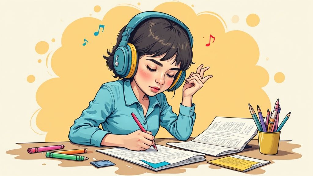 A person using colorful sticky notes, highlighters, and pens to study, representing a multi-sensory approach.