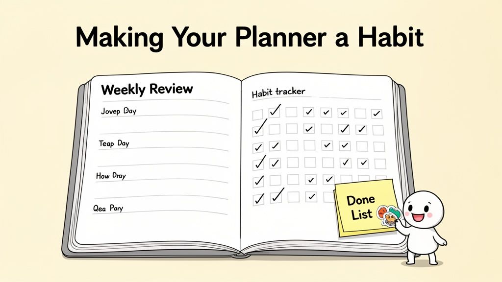 An open planner with a weekly review, a habit tracker with checkmarks, and a 'Done List' sticky note, held by a happy cartoon character.