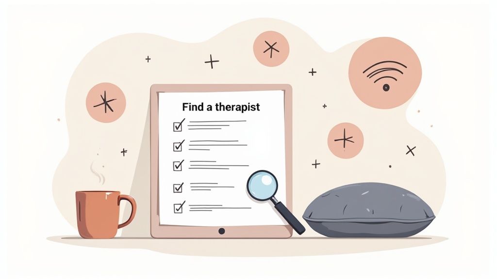 A tablet displays "Find a therapist" with a checklist and magnifying glass, next to a steaming mug and a pillow.