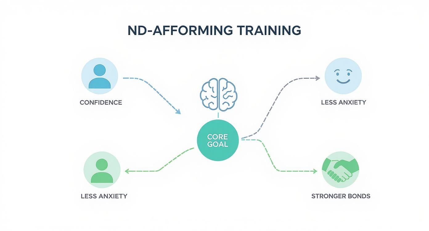 Neurodiversity affirming training diagram showing core goal connecting to confidence, less anxiety, and stronger bonds
