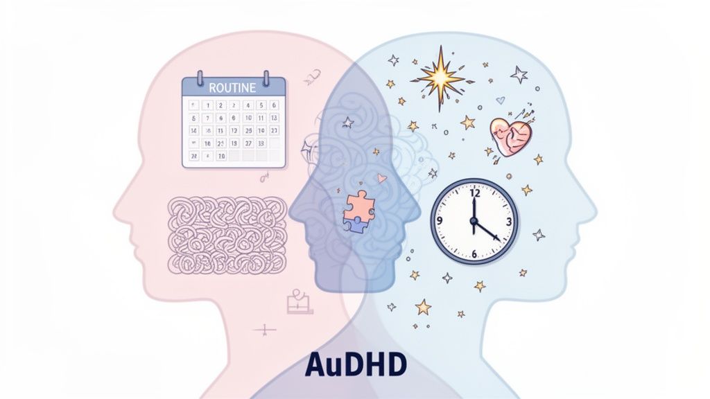 Diagram showing two profiles, one focused on routine, the other on time and creativity, labeled AuDHD.