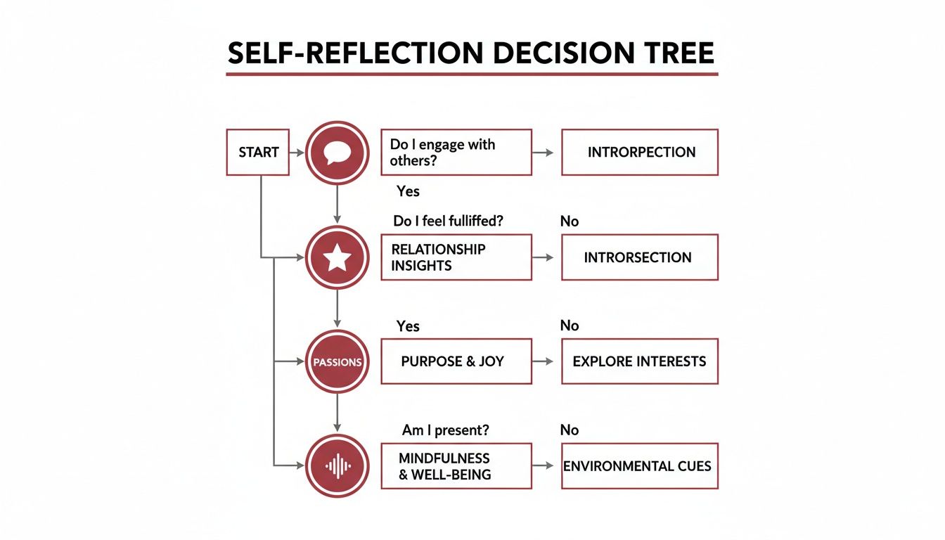 A self-reflection decision tree flowchart guides users through questions about engagement, relationships, passions, and well-being.
