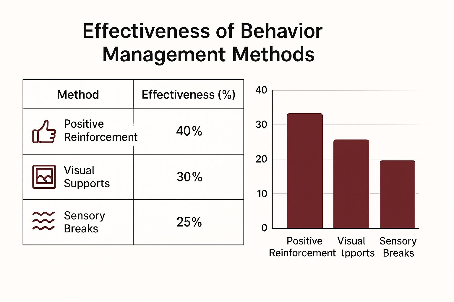 An infographic comparing the effectiveness of three behavior management methods. Positive Reinforcement shows a 40% reduction in challenging behaviors, Visual Supports show a 30% reduction, and Sensory Breaks show a 25% reduction.