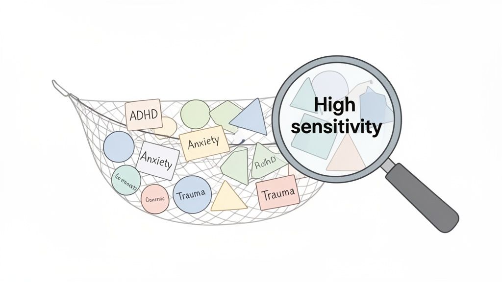 A net holds various mental health conditions like ADHD, Anxiety, and Trauma, magnified to reveal 'High sensitivity'.