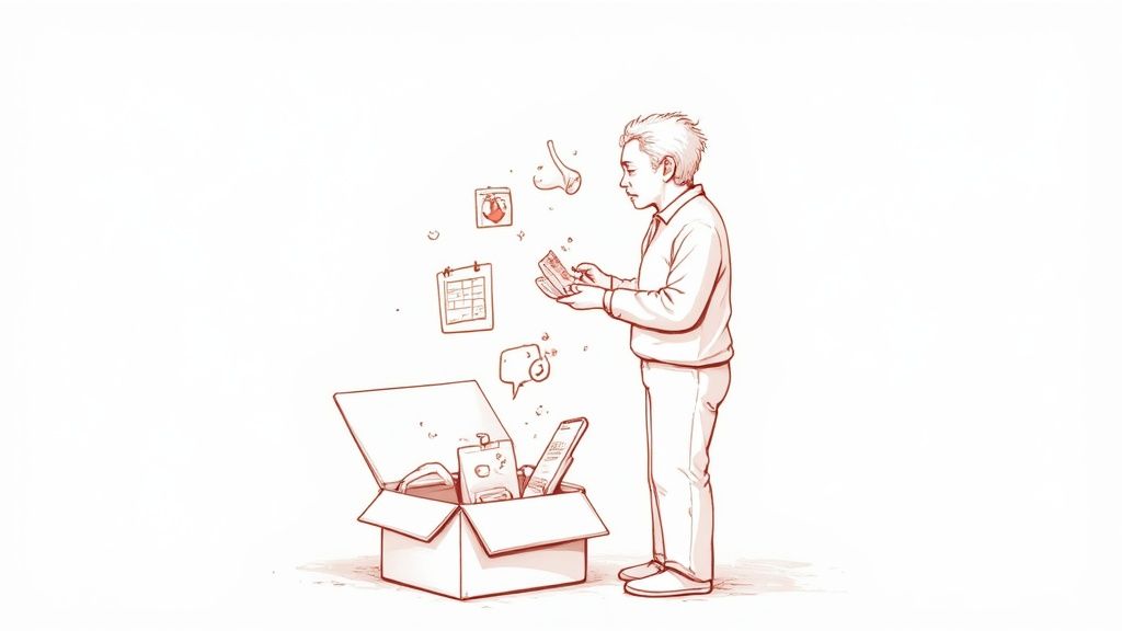 A man sorts items from a box, surrounded by floating icons representing memories and tasks.