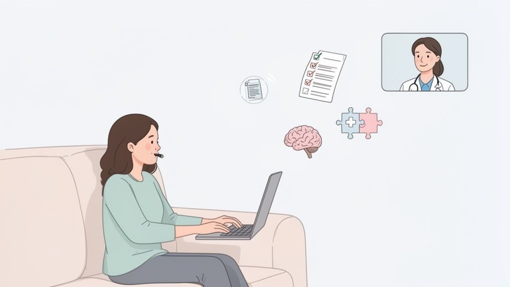 Woman on couch uses laptop and headset for virtual doctor consultation, with mental health and medical icons.