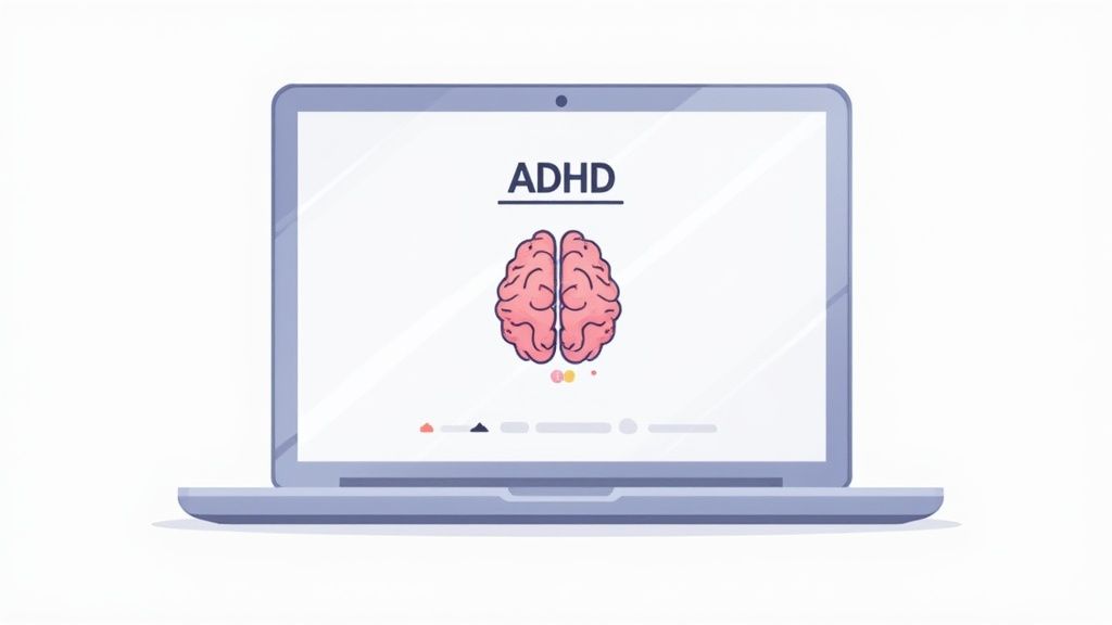 A person sitting comfortably at home while engaged in an online video consultation on their laptop.