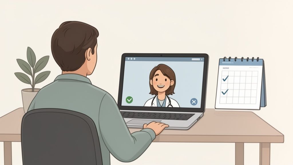 A man on a video call with a female doctor, indicating a telehealth appointment.