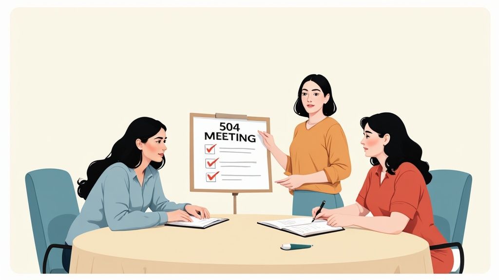 Three women collaborate in a 504 meeting, reviewing a checklist on a whiteboard.