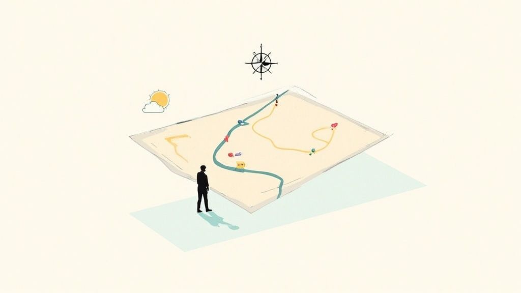 A person stands before a large illustrated map, planning a journey with a compass and weather symbols.