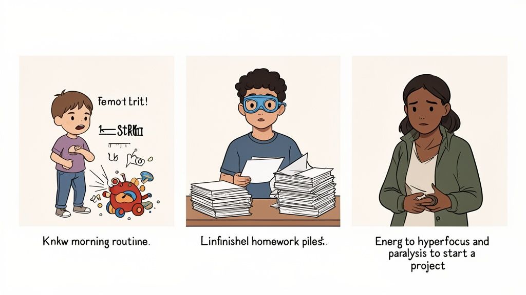 Three panels illustrate challenges with morning routines, unfinished homework, and starting projects, hinting at neurodivergent experiences.