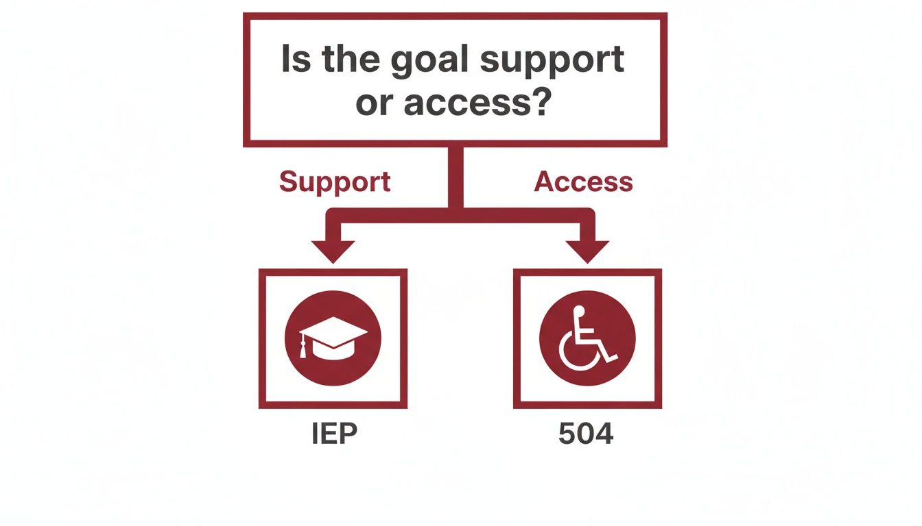 Flowchart explaining the difference between IEP (Individualized Education Program) for support and 504 Plan for access.